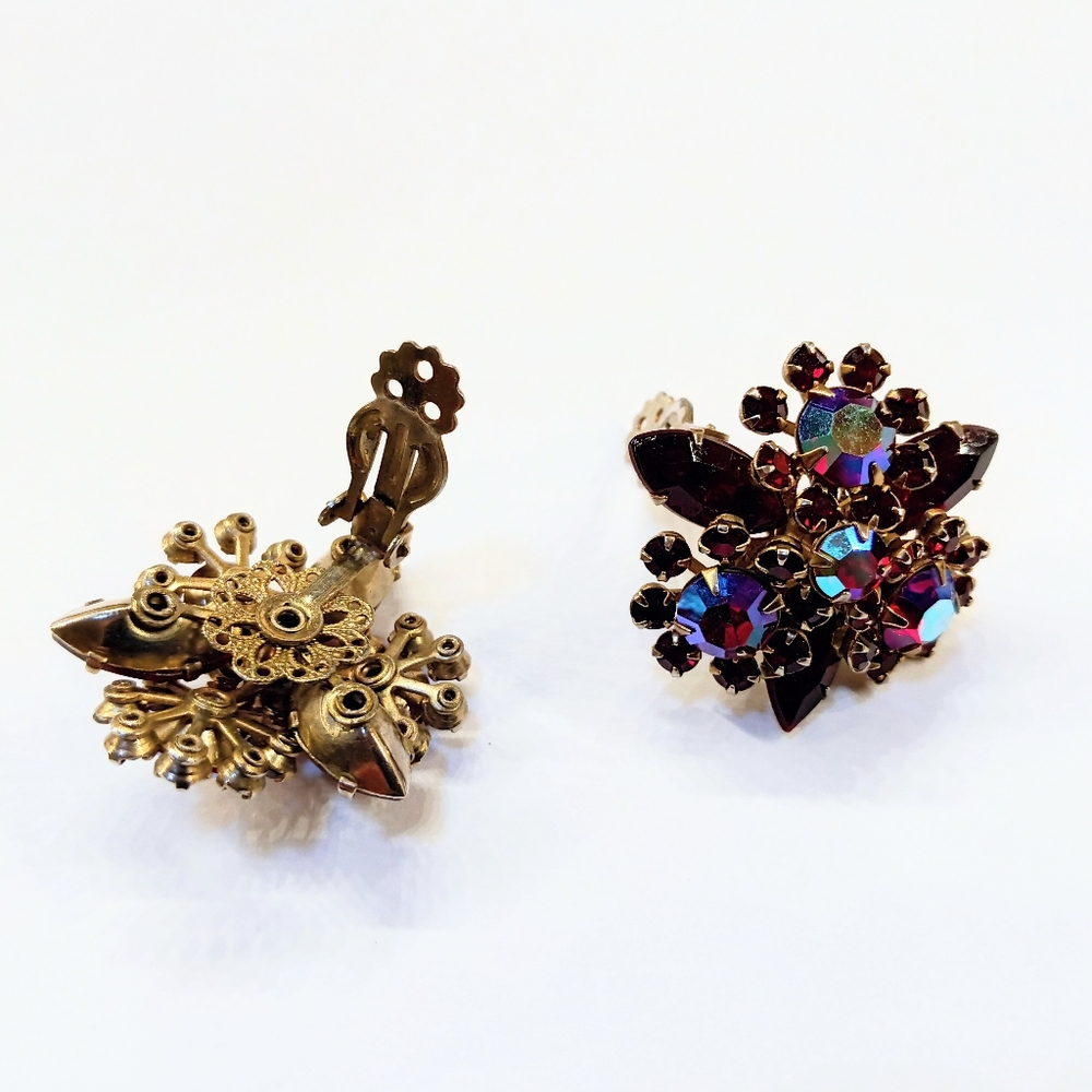 Vintage Sparkling Red Pink AB Rhinestone Clip Earrings - Picture 3 of 5